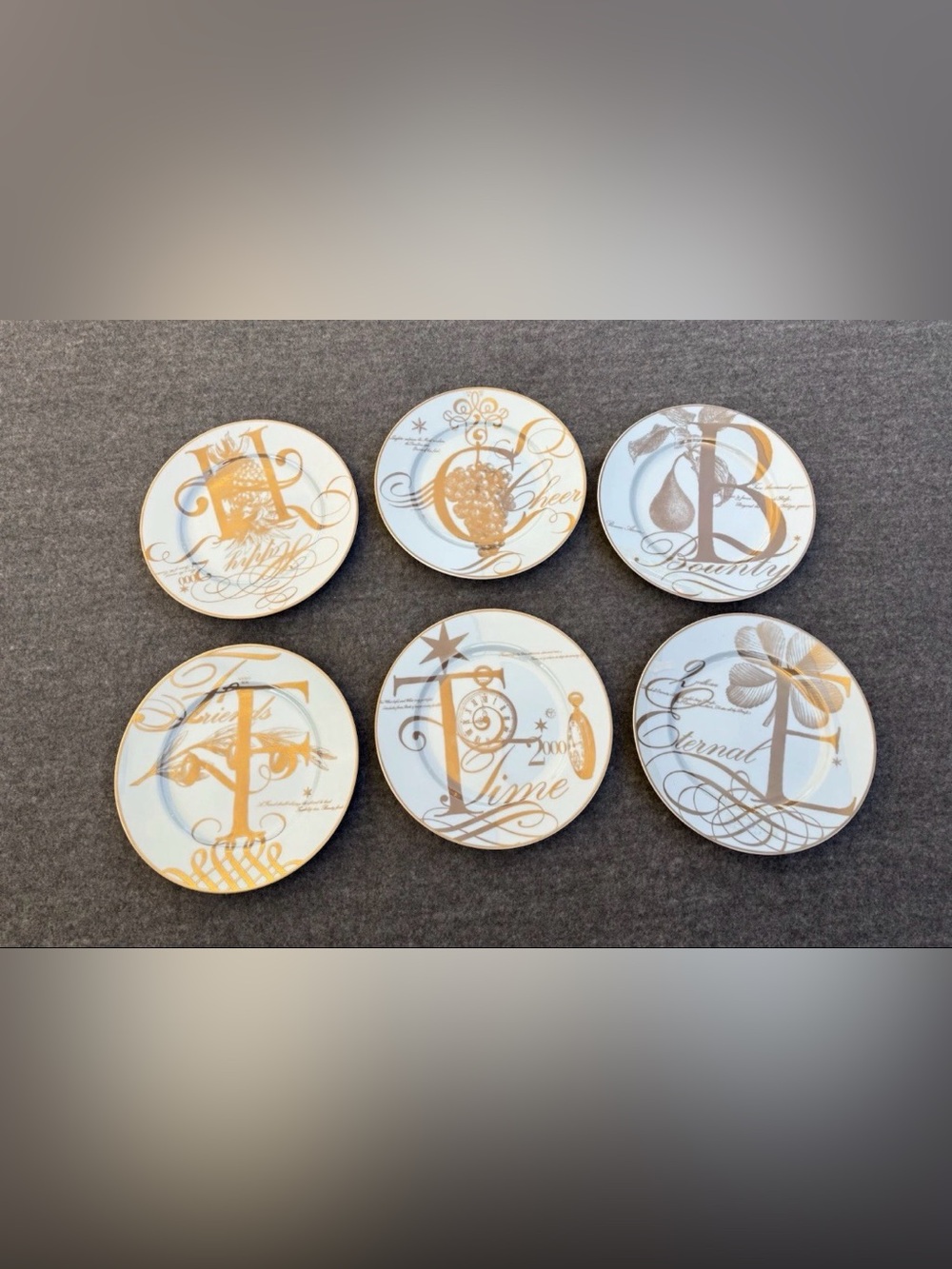 Williams Sonoma Time Circa 2000 Dessert Plates Millennium New Year Blue & Gold